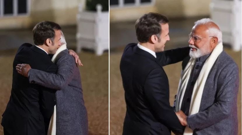 PM Modi received a grand welcome in France; President Macron embraced him.